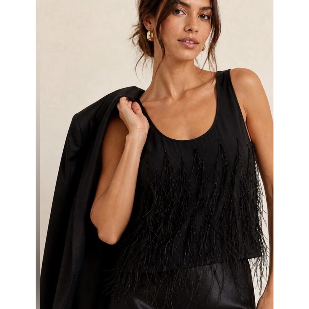 J. Crew Women's Feather-Embellished Tank Top in Chiffon Black Size Small NWT